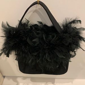 J Renee Black Genuine Ostrich Feather Fun Fringe Plume Purse Bag Black Gold HW